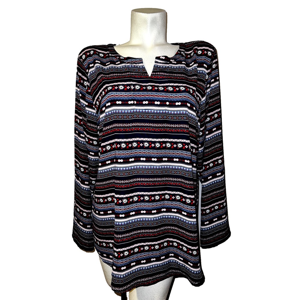 New Christopher & Banks Womens XL Navy Geometric Stripe Split Neck Roll-Tab Top